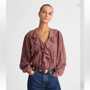 Madewell Lace-Insert Ruffled Pintuck Long-Sleeve Top in Burnt Soil, NWT, size M